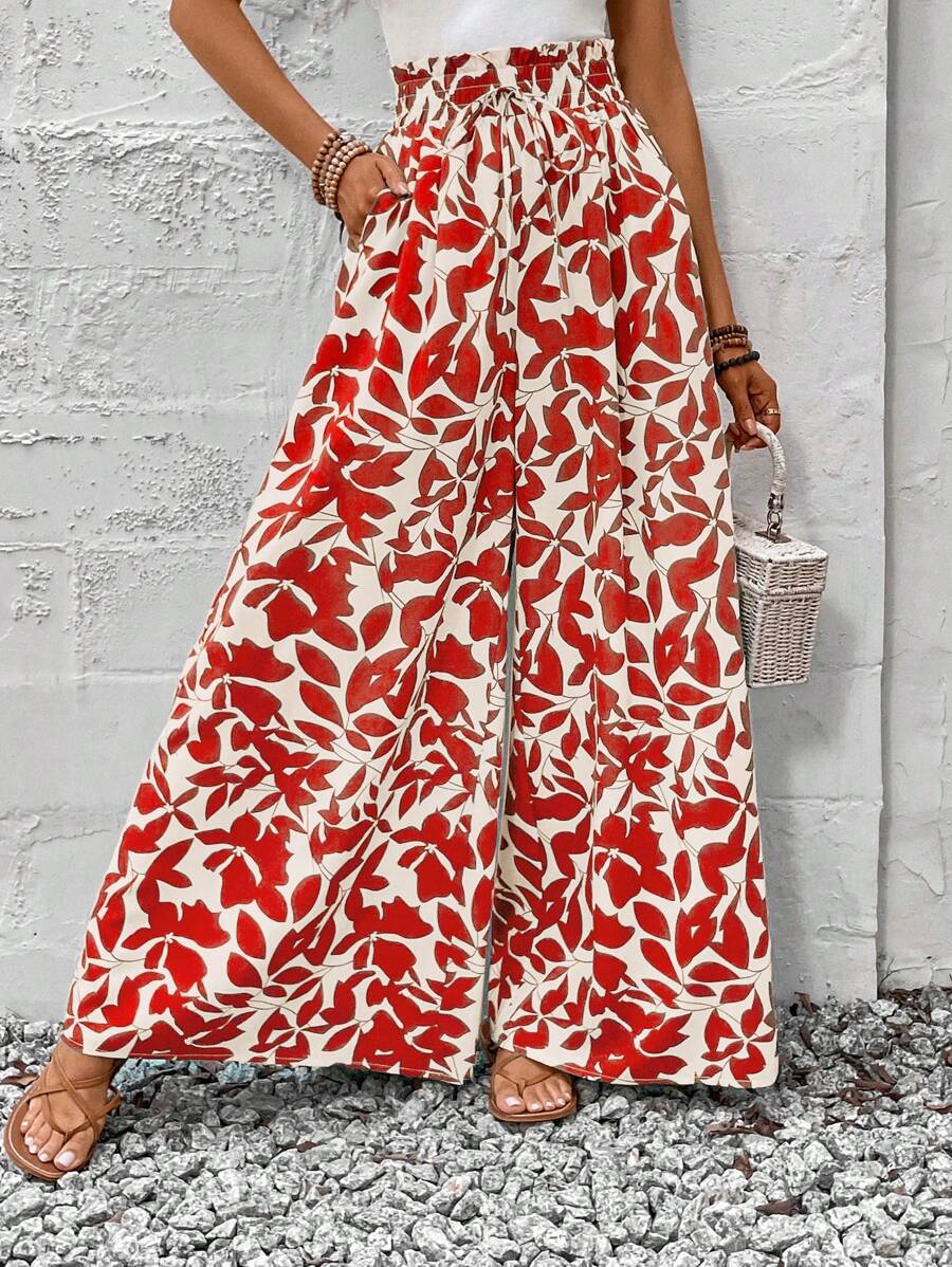 SHEIN LUNE Summer Leaf Print Loose Pants For Women