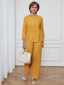 Miaspire 2 piezas Conjunto de blusa de manga larga con botones decorativos y pantalones de unicolor minimalista, conjunto casual de verano amarillo para mujer primavera-verano - Amarillo - Ver 8