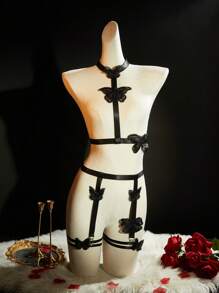 SpicyHot 3pcs Butterfly Embellished Plunge Halter Romantic Sexy Lingerie Set For Women - Black - View 6