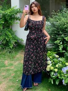 Dazy Plus Ditsy Floral Maxi Sleeveless High Slit Shirt Dress - Black - View 3