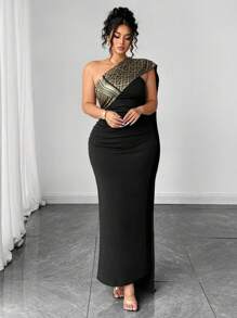 Elenzga 加大码中东风格修身长裙，带抹胸领口 - 黑色 - 查看 3