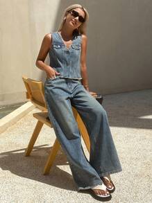 DAZY Conjunto de verano de camiseta de tirantes de mezclilla lavada y pantalones de pierna ancha para mujer, ropa de ocio, ropa de vuelta al colegio