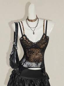 SHEIN ICON 性感豹纹吊带背心，搭配透明蕾丝两件套蕾丝花边短款上衣 - 黑色 - 查看 4