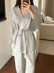 DAZY Bộ áo choàng satin tối giản kèm quần dài, bộ đồ ngủ pijama, quần áo trở lại trường, quần áo mùa thu - Xám - Xem 5