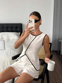 SHEIN Frenchy 2 件女式无袖撞色饰边圆领上衣和短裤套装，春夏，撞色边缘无袖上衣，不对称门襟配色块饰边，简约时尚休闲日常吊带背心套装，亚麻质地面料，优雅时尚，适合通勤 - 杏色 - 查看 8