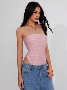 Roylia Women's Spring/Summer Vacation Textured Knit Vertical Striped Elastic Figure-Hugging Bodysuit - Pink - View 4