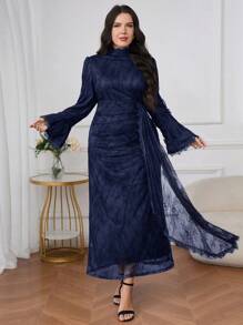Graceveil 大码女式蕾丝喇叭袖针织优雅朴素华丽阿拉伯连衣裙 - 藏蓝色 - 查看 7