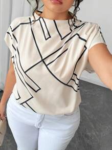 Elenzga Plus Size Women's Summer Asymmetrical Stripe Geometric Print Casual Sleeveless Stand Collar Loose Shirt Women Summer Clothing Summer Clothes Women Clothes Tops For Women Elegant Women Summer Shirts Women Plus Clothing Formal Women Plus Clothing Business Casual Tops For Women Women Blouses Elegant Shirts For Women Elegant - Apricot - View 6