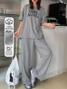 DAZY 2pcs/Set Women Letter Print T-Shirt & Sweatpants - Grey - View 8