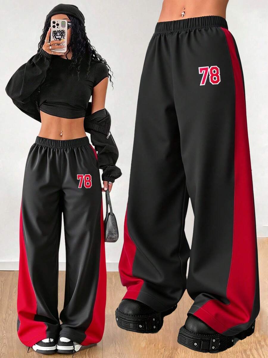 Sparklyn Teens' Street Style Sporty Hip Hop Influencer Colorblock Digit Print Loose Fit Pants - Black - View 1