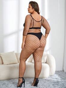 Plus Size Mesh Short Sleeve Sexy Bodystocking - Black - View 2