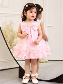 Elladie kids 女婴无袖优雅蝴蝶结装饰褶皱网纱芭蕾舞裙，休闲春夏风格