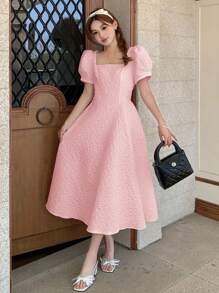 SHEIN Leap Crew Vestido midi de línea A, cuello cuadrado, manga abullonada, textura tejida, color rosa sólido, elegante y retro, adecuado para fiestas, eventos elegantes, compras, bodas, fiestas de cumpleaños, bailes y ocasiones de dama de honor para chicas adolescentes - Rosa - Ver 1
