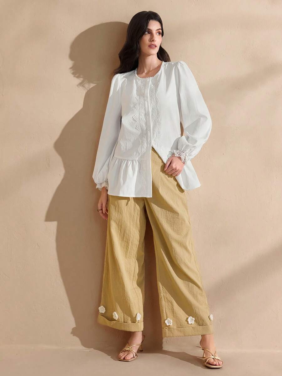 Graceveil Damskie khaki modne ręcznie robione kwiatowe dekoracje letnie nowe spodnie w stylu - Kolor khaki - Zobacz 1