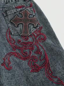 ROMWE Grunge Punk Women's Cross Embroidery Distressed Pocket Denim Shorts