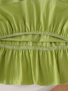 SHEIN Vintaside Kids 女童优雅甜美可爱贴花圆领盖袖荷叶边下摆宽松休闲时尚连衣裙，适合度假、旅行、生日、夏季 - 綠色 - 查看 6