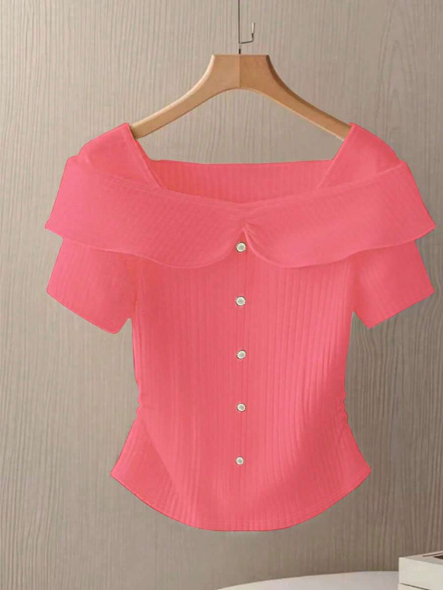 GlowEve Knitted Striped Texture Splicing Button Decor Luxe Pink Short Sleeve Top For Women, Summer - Dusty Pink - View 1