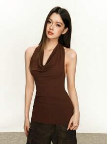 Rina Fox Women's Summer New Sexy Backless Draped Neck Spaghetti Strap Design Camisole Top - Brown - View 5