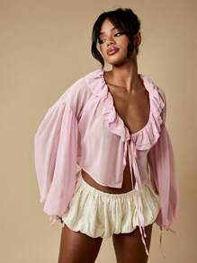 MISSGUIDED Victorian Style Ruffle Neck Blouse Balloon Sleeve Cottage Core Peasant Top Long Sleeve Vintage Inspired Renaissance Clothing - Pink - View 5