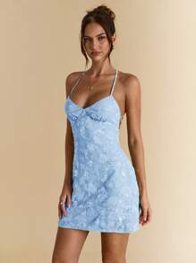 SHEIN BAE 夏季女式露背亮片提花绿色度假迷你连衣裙 - 淺藍色 - 查看 5