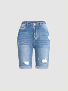 SHEIN Girlism Szorty jeansowe dla nastolatek z wysokim stanem i podartymi, podwiniętymi nogawkami, letnie szorty jeansowe dla dzieci