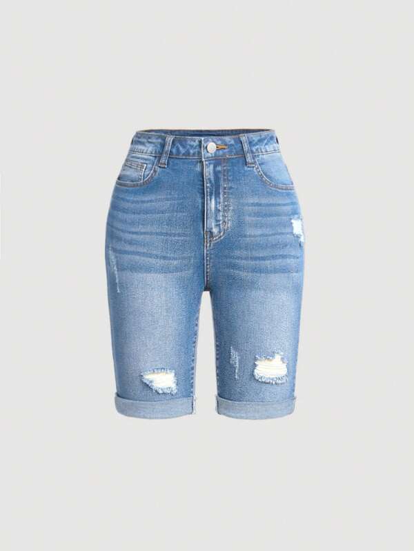 SHEIN Girlism Szorty jeansowe dla nastolatek z wysokim stanem i podartymi, podwiniętymi nogawkami, letnie szorty jeansowe dla dzieci