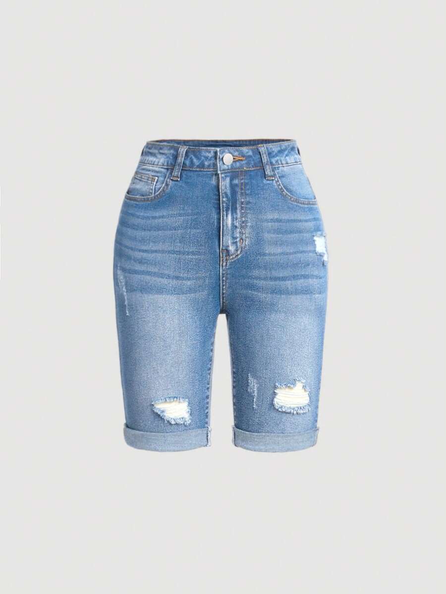 SHEIN Girlism Szorty jeansowe dla nastolatek z wysokim stanem i podartymi, podwiniętymi nogawkami, letnie szorty jeansowe dla dzieci