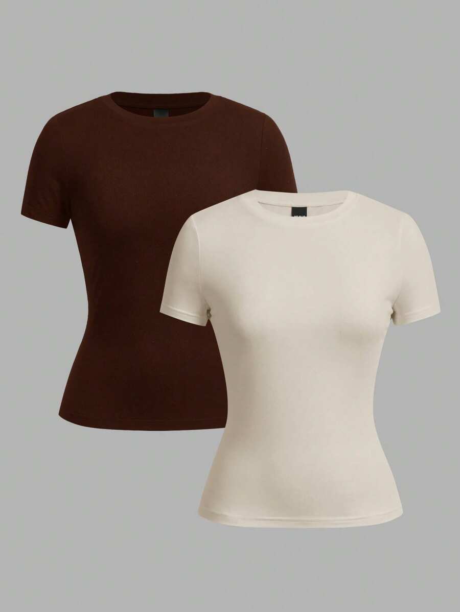 SHEIN EZwear Bộ 2 áo thun cổ tròn tay ngắn cơ bản thường ngày, màu nâu sẫm và màu be nhạt, mùa xuân/hè - Nhiều màu - Xem 1