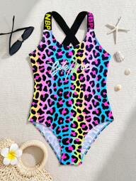 SHEIN Jednoczęściowy kostium kąpielowy dla dziewcząt w wieku od 1 do 12 lat, niebieski wzór ombre w panterkę ze srebrnymi poprawkami, regulowane ramiączka, elegancki i wyrafinowany, odpowiedni do pływania, na wakacje i na lato