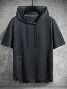 Manfinity Homme 男士休闲夏季标志印花抽绳连帽短袖T恤短袖连帽衫男士连帽T恤男士休闲连帽衫 - 深灰色 - 查看 1