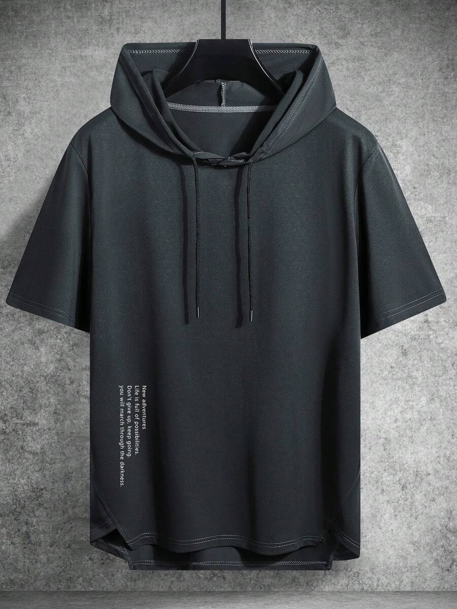 Manfinity Homme 男士休闲夏季标志印花抽绳连帽短袖T恤短袖连帽衫男士连帽T恤男士休闲连帽衫 - 深灰色 - 查看 1
