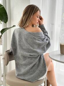 EURMUSE Women's Gray Drop Shoulder Long Sleeve Single Breasted Casual Loose Cardigan Knitted Cardigan Cardigan Sweater Grey Cardigan Knitted Cardigan For Women Button Up Cardigan Thin Cardigan Womens Cardigan Old Money Style Women Autumn Clothes ,Petite Cardigans,Cardigans - Grey - View 2