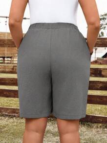 EMERY ROSE Pantalones cortos sueltos de mujer talla grande de verano, unicolor básico, con cintura con cordón y bolsillos laterales - Gris - Ver 2