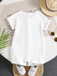 SHEIN Bộ đồ liền thân tay ngắn màu trơn thường ngày cho bé trai sơ sinh + quần short, mùa hè - trắng - Xem 2