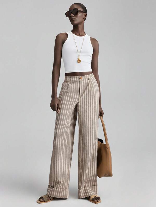 Ontre 2025 Nieuwe casual baggy broek van linnenmix, Old Money-stijl, vakantiegevoel, gestreepte stof, elastische tailleband, echte zakken, damesbroek met omslag, dagelijks gebruik, lente/zomer