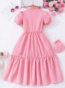 SHEIN Preteen Girls' Solid Color Collar Puff Sleeve Cardigan Summer Dress With Pouch Summer Holiday - Pink - View 2