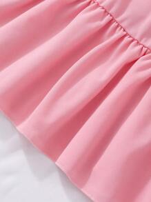 SHEIN Preteen Girls' Solid Color Collar Puff Sleeve Cardigan Summer Dress With Pouch Summer Holiday - Pink - View 6