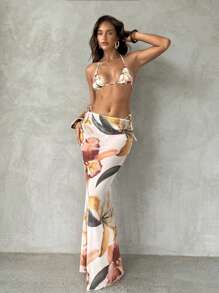 Aloruh 女士热带花卉印花透视低腰鱼尾裙，女士沙滩罩衫，女士度假装，春夏