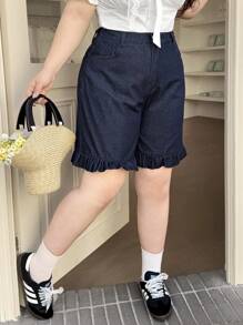 Rivivi Quần short denim viền bèo nhún cỡ lớn cho nữ mùa hè - Rửa tối - Xem 4