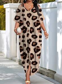 SHEIN Lady فستان كاجوال عيد الأم فضفاض بطبعة جلد الفهد وياقة على شكل حرف V بأكمام طويلة، قطعة واحدة بألوان متناسقة، ملابس ارتداء يومي