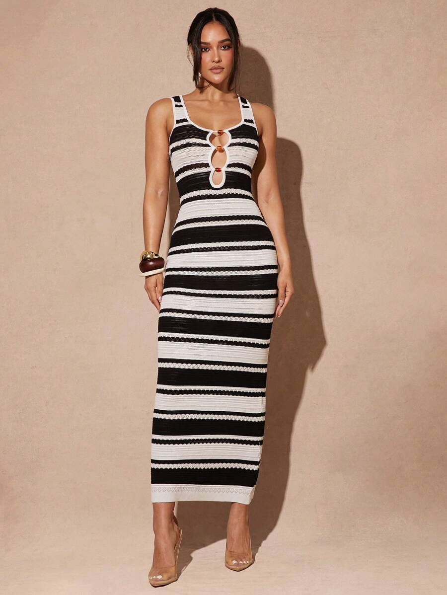 Silquee Women's Summer Casual Black And White Colorblock Striped Sleeveless Tight Knit Dress Beaded Dress Women's Summer Wear, Women's Dress, Resort Wear