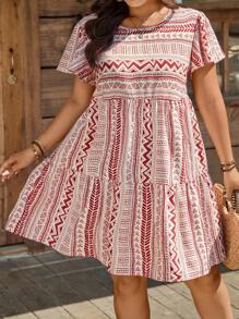 SHEIN LUNE Vestido veraniego de manga corta con cuello redondo para mujer talla grande, con manga acampanada a rayas y volantes, vestido línea A, nuevo año, vestido corto verano, vestido playa, vestido de graduación, romántico y elegante, vestimenta de influencer, ropa cómoda para vacaciones, minimalista, sencilla y de moda, apropiada para uso diario, fiesta elegante, evento diario, vacaciones, estilo boho/bohemio, vestido mini estilizador de cintura.