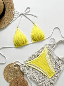 Swim Vcay 女士夏季服装撞色绑带纹理侧系带吊带黄色比基尼套装夏季 - 黃色 - 查看 6