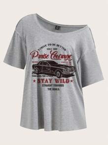 SHEIN Essnce Vintage Casual Minimalist Car Graphic Grey Plus Size Women T-Shirt, Suitable For Summer - Light Grey - View 3