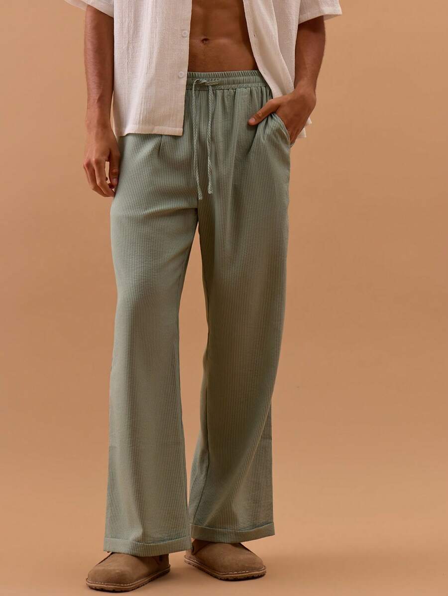 Musero Quần ống rộng kẻ sọc, gấu quần xắn lên, thắt eo, thích hợp cho mùa xuân, hè, nghỉ lễ, du lịch. - màu xanh lá - Xem 1