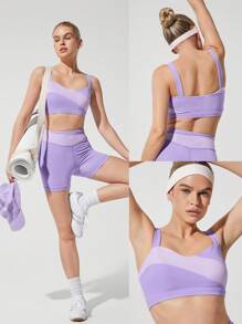 GLOWMODE FeatherFit™ Sweat Star 吸汗透气 柔软弹力可拆卸罩杯 拼色运动文胸 低冲击瑜伽普拉提 Barre Studio 日常休闲装 - 薰衣草薄霧色 - 查看 6