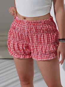 SHEIN EZwear Plus Size Women Red Plaid Ruched Waistband Shorts, Summer
