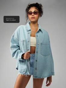 MISSGUIDED قميص جاكيت جينز كبير الحجم، ملائم مريح بأزرار وياقة، أكمام طويلة، أسلوب ملابس العمل المريح للربيع والخريف، وأزياء الشارع العصرية