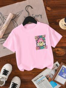 SHEIN Young Girl' Casual Cute Checkered, Face And Letter Print Round Neck Short Sleeve T-Shirt, Summer - Pink - View 3