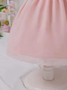 Glamorique Kids Young Girl Textured Fabric Ruffle Trim Square Neck Short Puff Sleeve A-Line Dress, Spring/Summer
